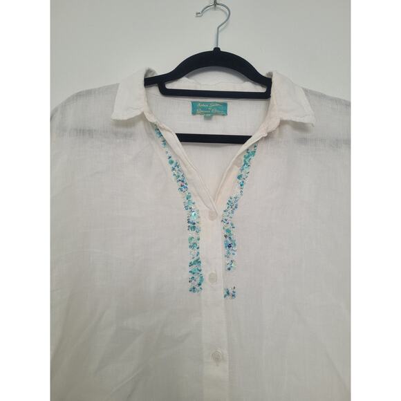 Antica Sartoria Beaded Embroidered Button Down Linen Tunic Size XL White Coastal - Picture 3 of 14